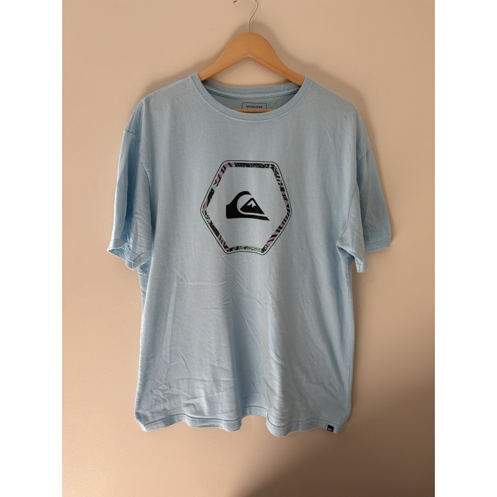 Quiksilver Mens XL Light Blue Graphic T-Shirt Surf Skate Logo Short Sleeve - Picture 1 of 4